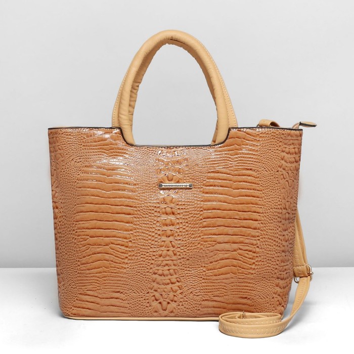 Сумка женская на молнии, 1 отдел с перегородкой, наружный карман, длинный ремень, цвет тёмно-бежевый