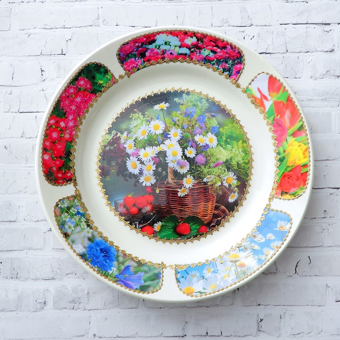 Тарелка декоративная "Ромашки в корзине", настенная, d=20 см, ручная работа