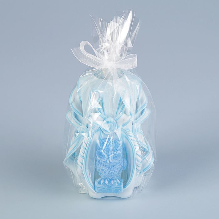 Свеча резная с совой 10-11см бело-голубая