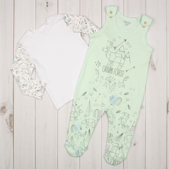 Комплект для мальчика (футболка,полукомбинезон), рост 74 см, цвет белый/светло-зелёный