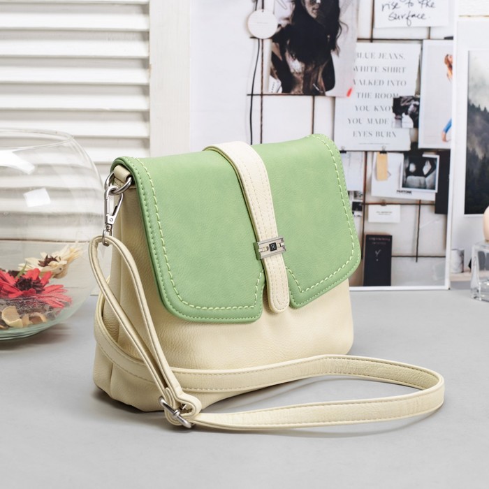 Сумка женская, 1 отдел с перегородкой, наружный карман, регулируемый ремень, цвет молочный/зелёный