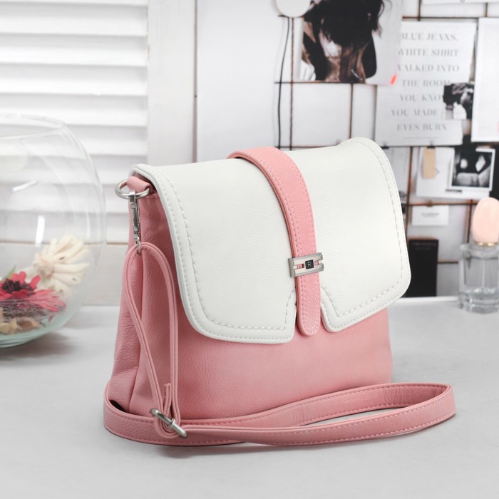 Сумка женская, 1 отдел с перегородкой, наружный карман, регулируемый ремень, цвет белый/розовый