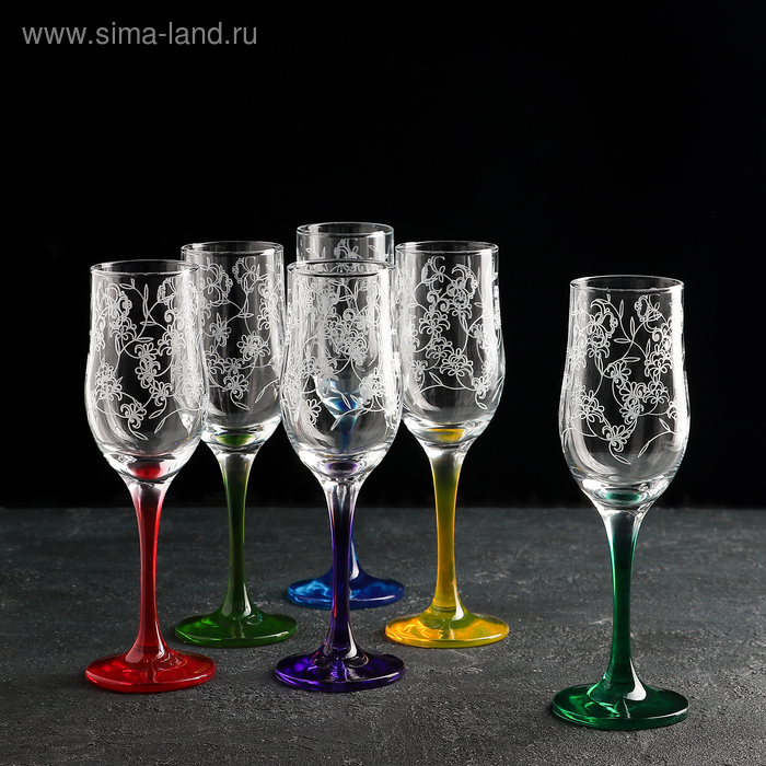Набор разноцветных бокалов для шампанского, 190 мл, 6 шт, гравировка, напыление