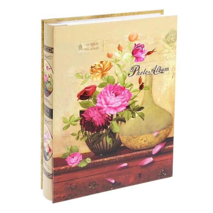 Фотоальбом на 200 фото 13х18см "Цветы в вазе" золотая обводка в коробке МИКС 29,5х23х5,5см