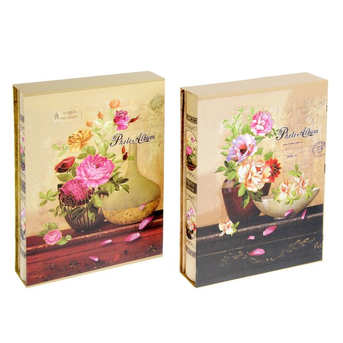 Фотоальбом на 200 фото 13х18см "Цветы в вазе" золотая обводка в коробке МИКС 29,5х23х5,5см