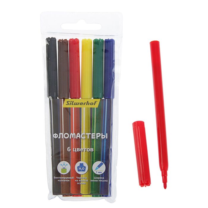 Фломастеры 6 цветов Silwerhof "Народная коллекция", вентилируемый колпачок, круглый PP-корпус