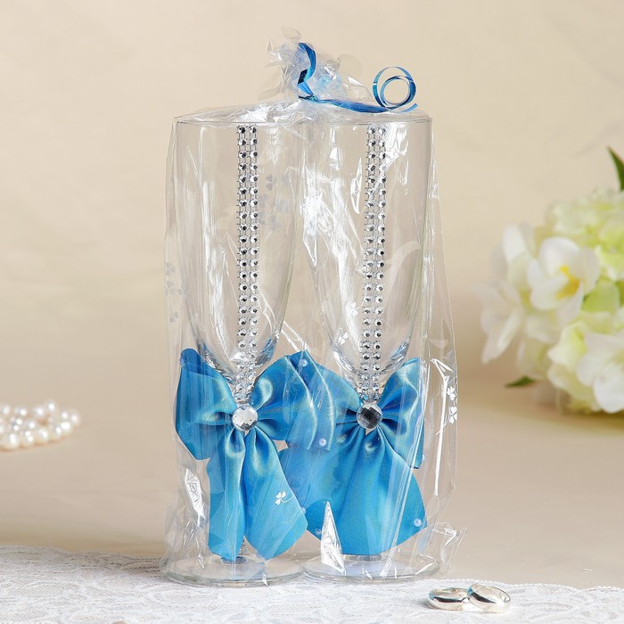Набор свадебных бокалов для битья «Элит» с бантом и стразами, 2 шт., бирюзовый