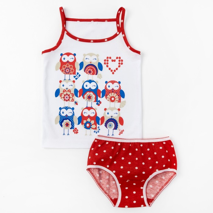 Гарнитур для девочки "Совы", рост 86 см (48), цвет белый/красный, принт горох ДНГ453001н_М