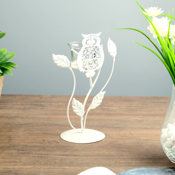Подсвечник металл 1 свеча "Ажурная сова" белый 21х13х9 см