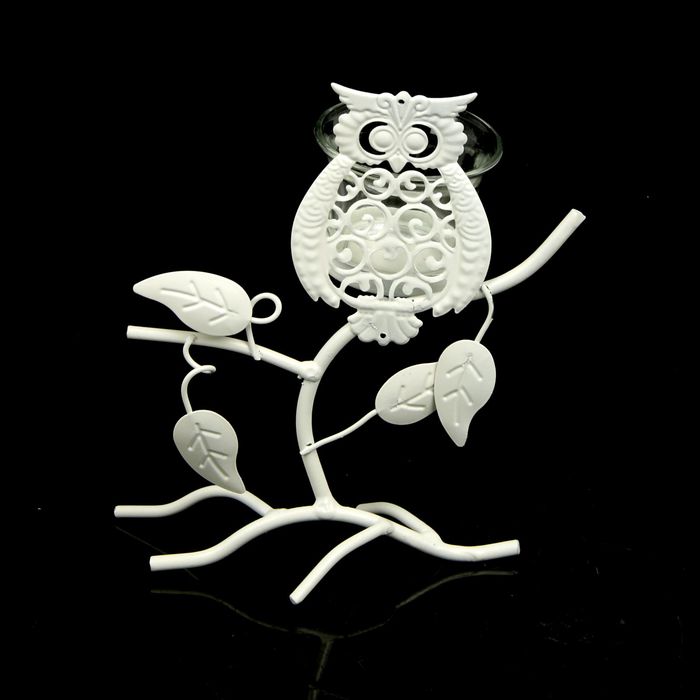 Подсвечник металл 1 свеча "Ажурная сова на дереве" белый 18х15х9 см