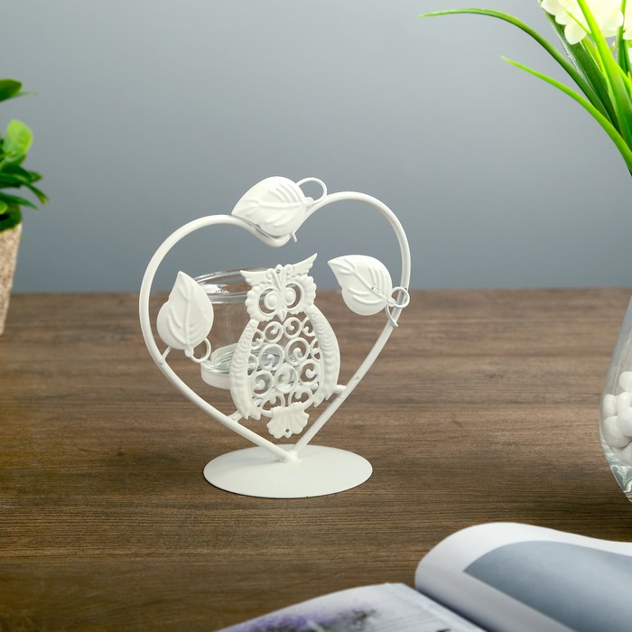 Подсвечник металл 1 свеча "Ажурная сова в сердце" белый 17х15,5х11 см