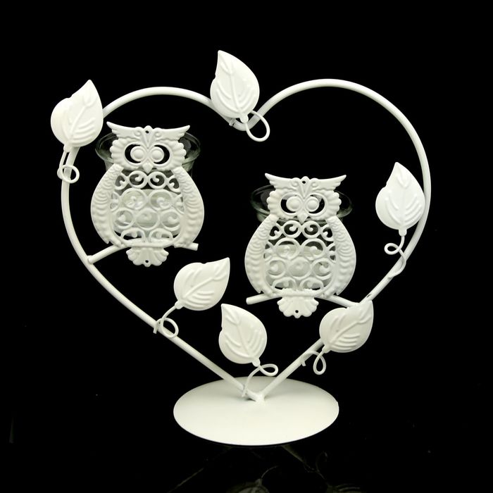Подсвечник металл 2 свечи "Ажурные совы в сердце" белый