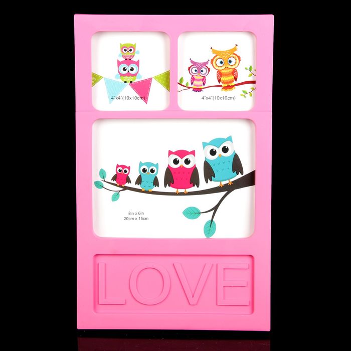 Фоторамка пластик на 3 фото 10х10, 15х20 см "Любовь в семье" розовая 37,5х23,5х2 см