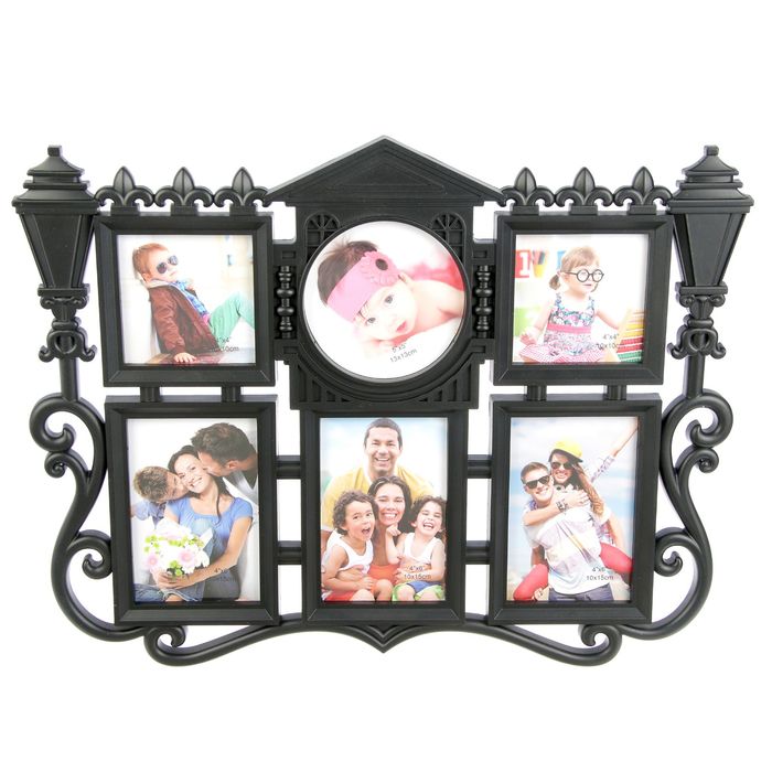 Фоторамка пластик на 6 фото 10х10, 10х15, 13х13 см "Домик с фонарями" чёрная 38х48,5 см