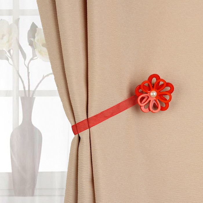 Подхват для штор на ленте "Гербера ажурная", цвет красный