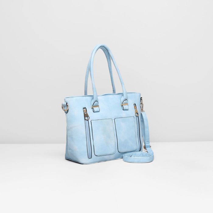 Сумка женская на молнии, 1 отдел, 4 наружных кармана, длинный ремень, цвет голубой