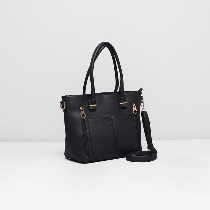 Сумка женская на молнии, 1 отдел, 4 наружных кармана, длинный ремень, цвет чёрный