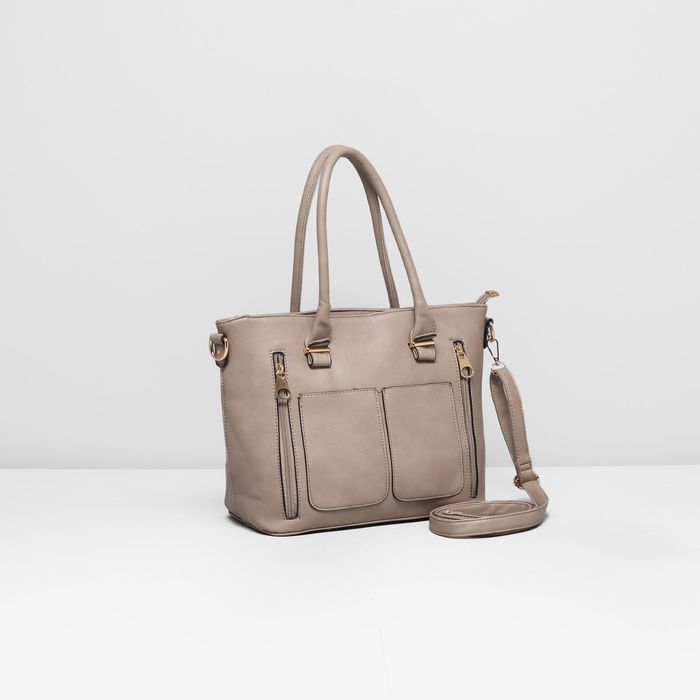 Сумка женская на молнии, 1 отдел, 4 наружных кармана, длинный ремень, цвет серо-бежевый