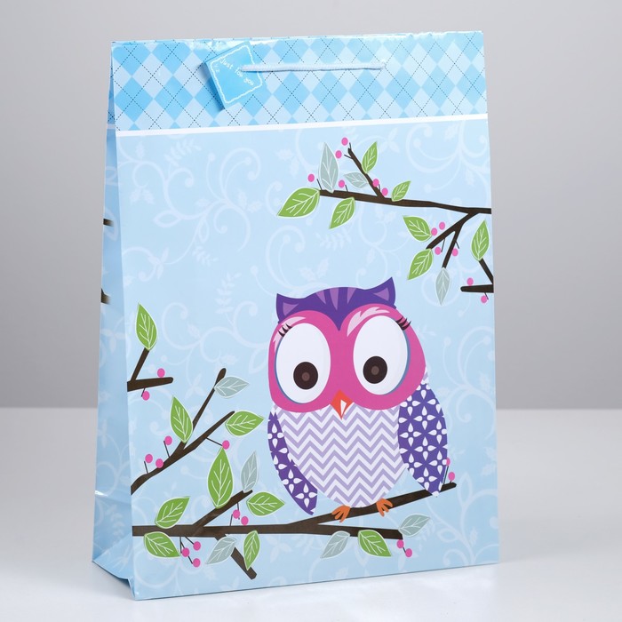 Пакет подарочный "Сова на ветке", голубой, 32 х 11 х 44 см