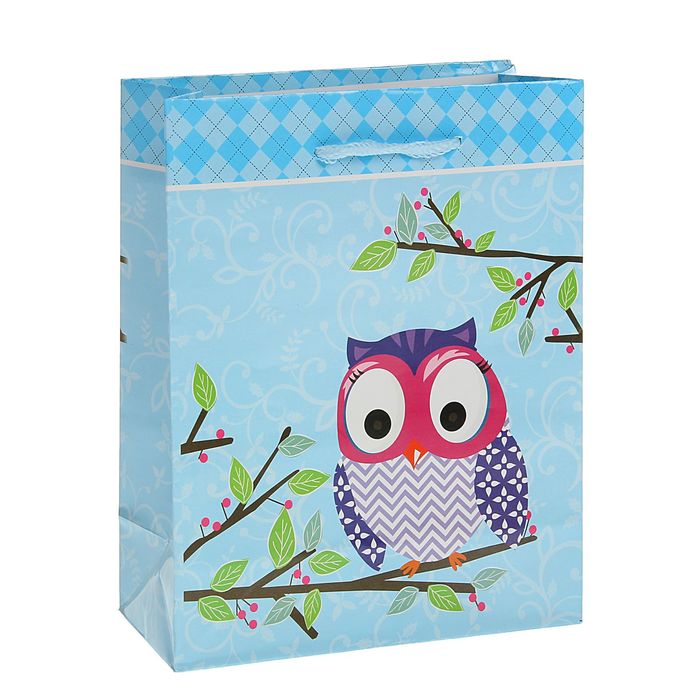 Пакет подарочный "Сова на ветке", голубой, 26 х 10 х 32 см