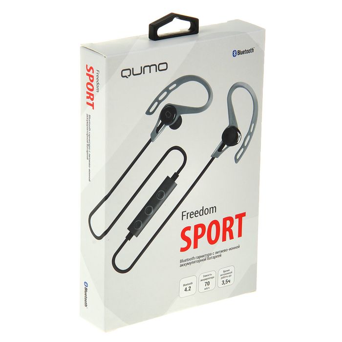Гарнитура беспроводная Qumo Freedom Sport, bluetooth 4.2, до 6 ч в режиме разговора, серая
