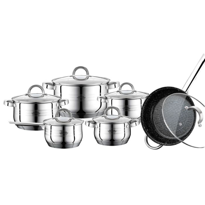 Набор посуды PETERHOF с крышками: ковш 2,1 л, кастрюля 2,1 л, 3,0 л, 4,0 л, 6,5 л, сковорода 24 см