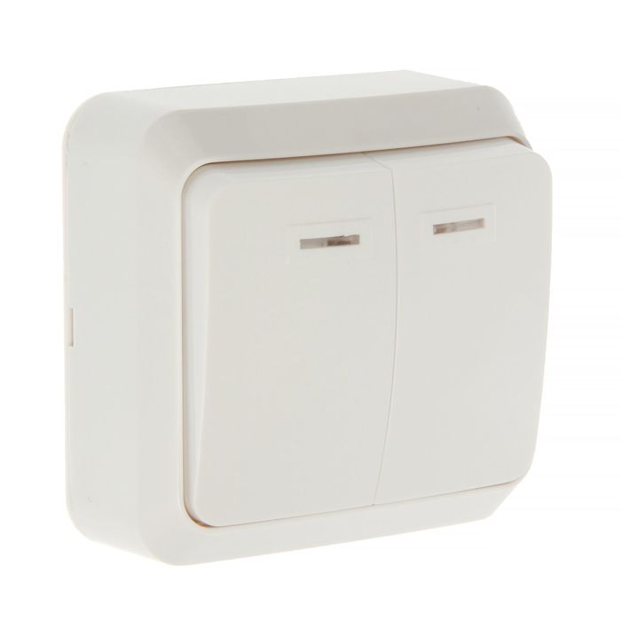 Выключатель "Юпитер", 10 А, 2 клавиши, наружный, с индикатором, белый, SBE-03w-10-SW2-1