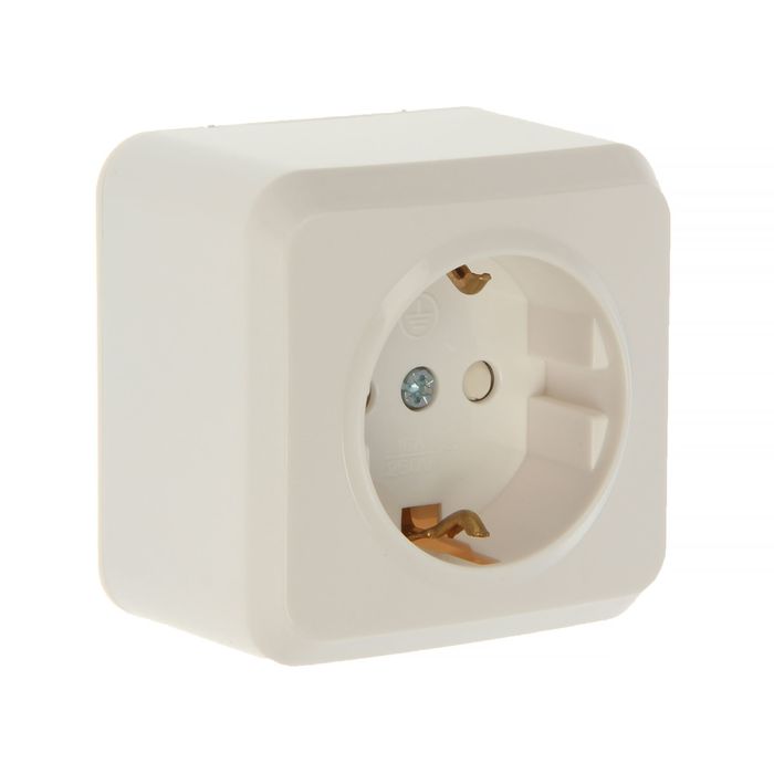 Розетка "Юпитер", 16 А, одноместная, наружная, с з/к, с шторками, белая, SBE-03w-16-S1-1Z