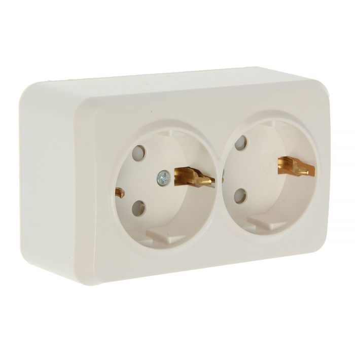 Розетка "Юпитер", 16 А, двухместная, наружная, с з/к, с шторками, белая, SBE-03w-16-S2-1Z