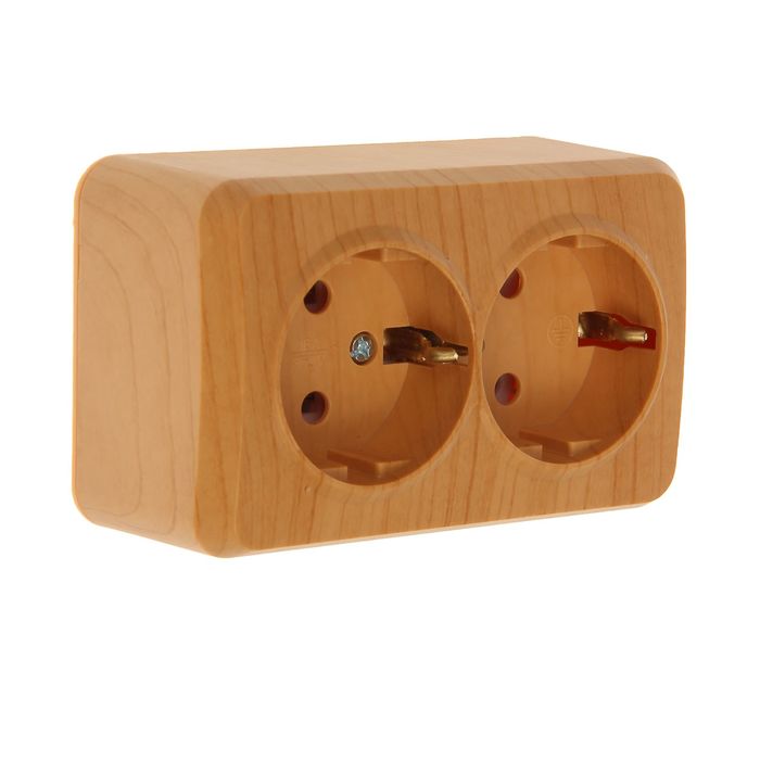 Розетка "Юпитер", 16 А, двухместная, наружная, с з/к, светлое дерево, SBE-03lw-16-S2-Z