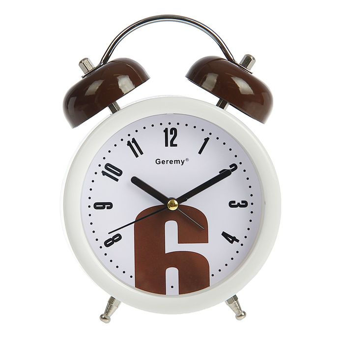 Будильник d=8см, белый, на циферблате Цифра крупная 6, коричневые звоночки