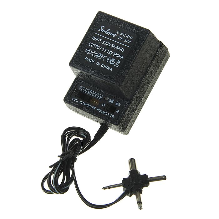 Блок питания Luazon 500мА, 6 режимов 1,5-12V, переключатель полярности, провод 65см