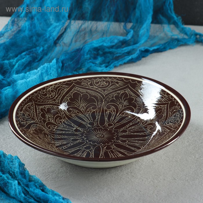 Тарелка Риштанская Керамика Узоры, коричневая, глубокая, 20 см