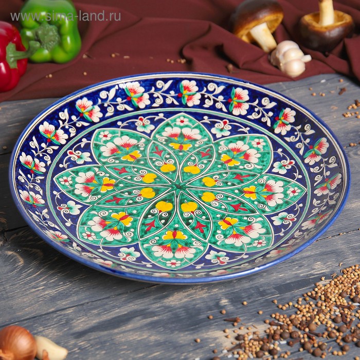 Ляган Риштанская Керамика Цветы, 31 см, синий тортовница риштанская керамика цветы 31 см синяя