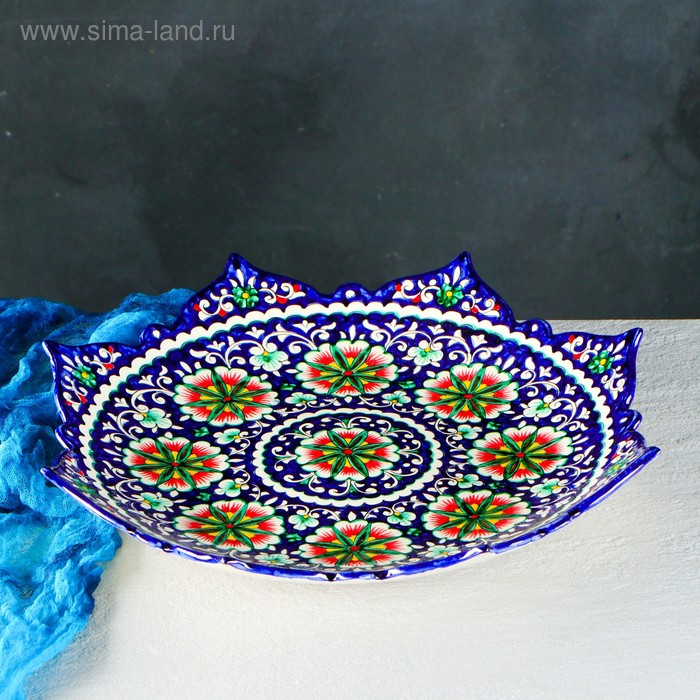 Ляган Риштанская Керамика Цветы, 41 см, рифлёный, синий