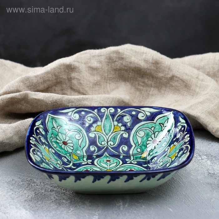 Салатница Риштанская Керамика Цветы, 19 см, синий