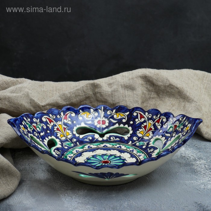 Фруктовница Риштанская Керамика Цветы, 27 см, синее, рифлёное, овальное