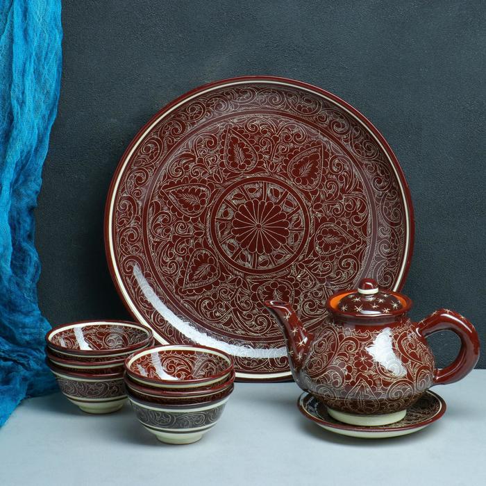 фото Набор чайный риштанская керамика, 9 предметов, коричневый: чайник 0.8 л, пиалы 0.3 л