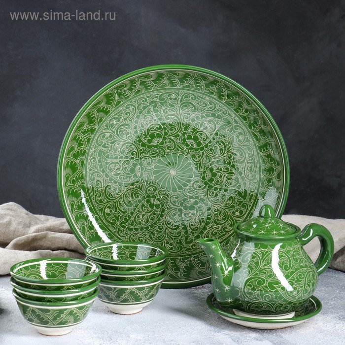 фото Набор чайный, риштанская роспись, 9 предметов, зелёный: чайник 0.8 л, пиалы 0.3 л риштанская керамика