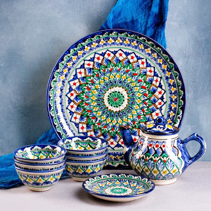 фото Набор чайный 9 предметов риштанская керамика (чайник 0,8л,пиалы- 0,2)