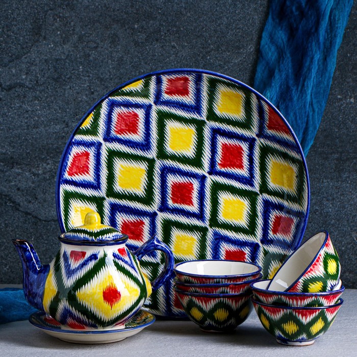 фото Набор чайный 10 предметов №1 (чайник 1 л, пиалы 0,5/0,3 л) микс риштанская керамика