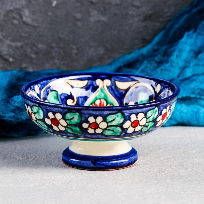 Конфетница Риштанская Керамика Цветы, 12 см, синяя тортовница риштанская керамика цветы 31 см синяя