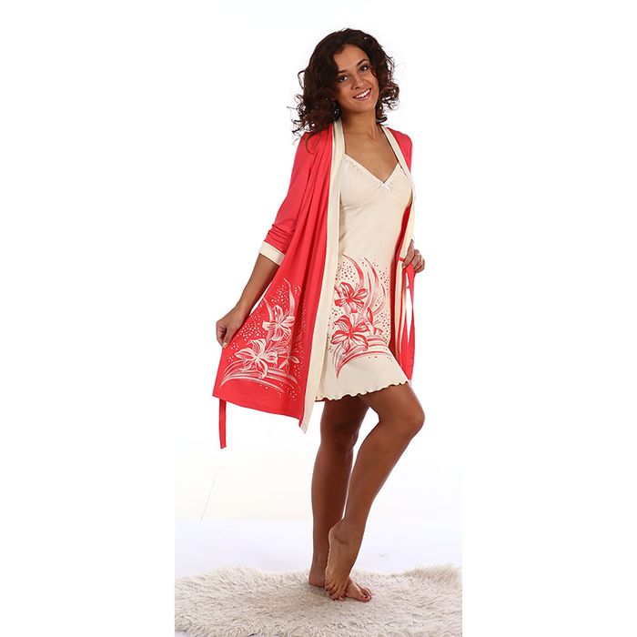 Комплект женский (сорочка, пеньюар) цвет коралловый, р-р 48 вискоза