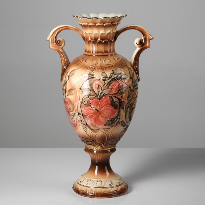 Ваза напольная "Каскад" коричневый, красные цветы