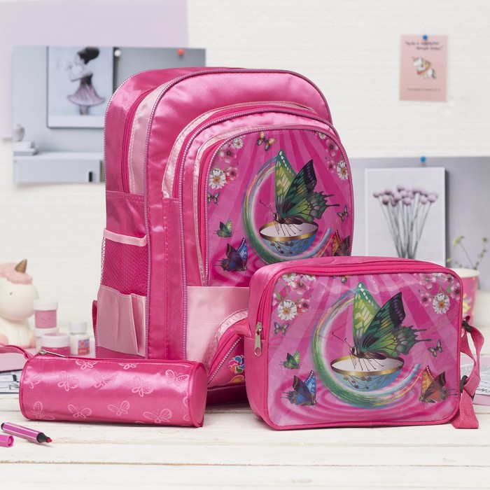 Рюкзак школ Бабочки, 32*12*40, с сумкой и косм, 1 отд, 3 н/кармана, 2 бок сетки, малиновый