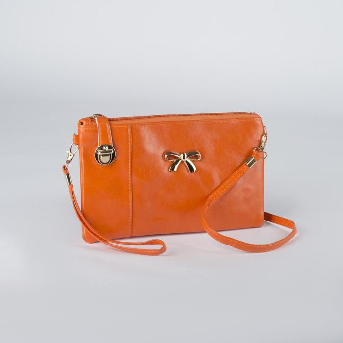 Клатч, 1 отдел с перегородкой, наружный карман, ручка, длинный ремень, цвет оранжевый
