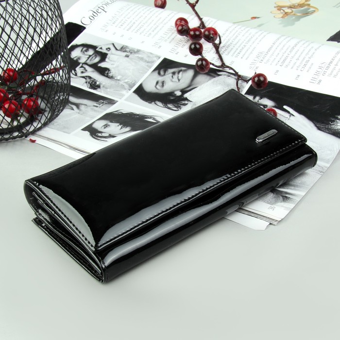 Кошелёк женский, 2 отдела рамка, 3 отдела, для карт на клапане, цвет чёрный