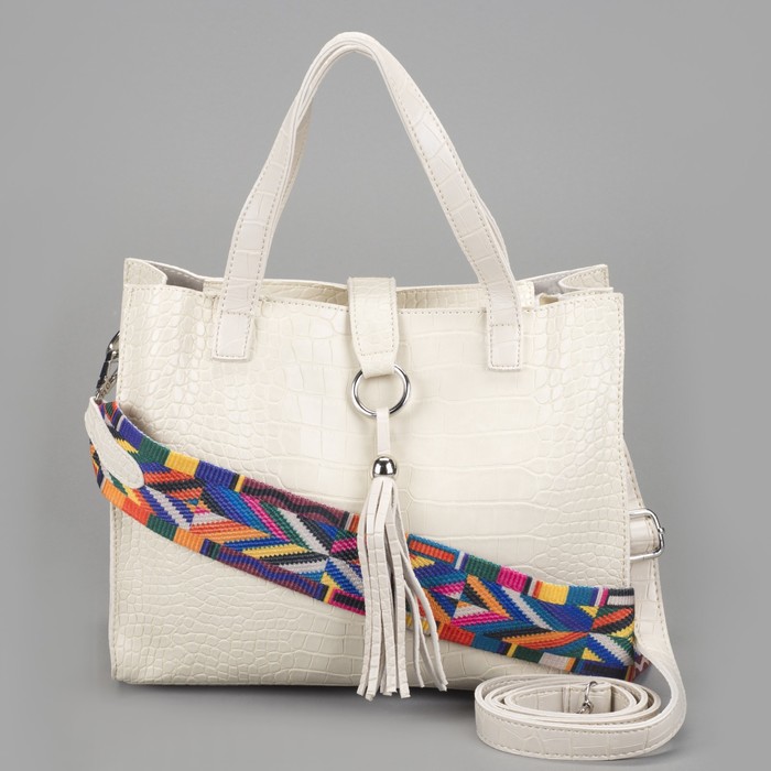 Сумка женская на молнии, 1 отдел с перегородкой, длинный ремень, цвет молочный