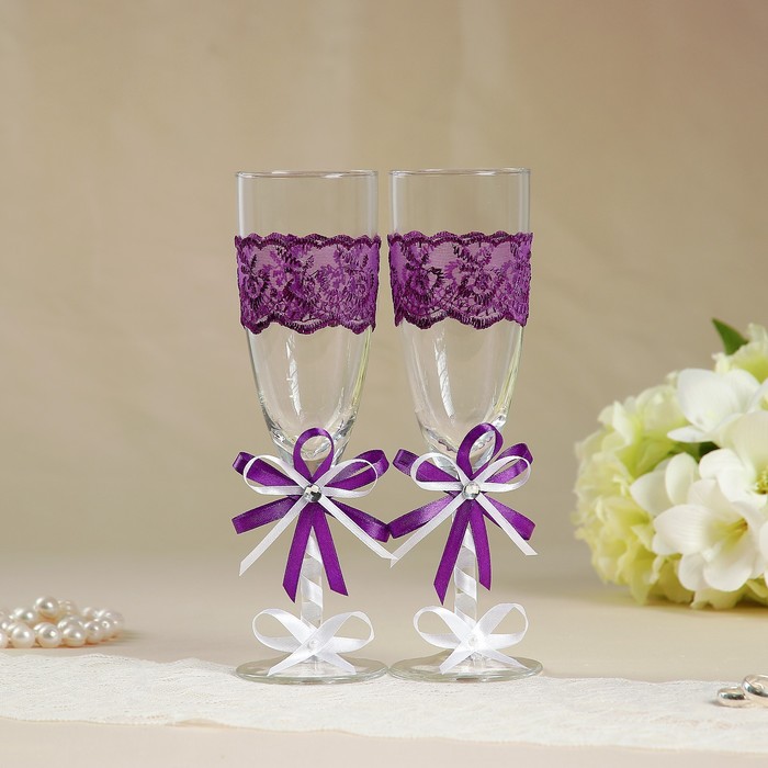 Набор свадебных бокалов для битья «Элит» с бантом и стразами, 2 шт., фиолетовый
