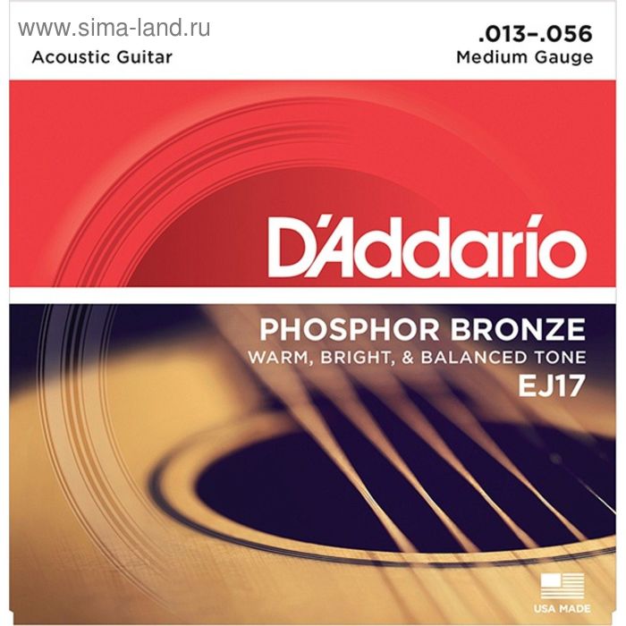 Струны для акустической гитары D`Addario EJ17 PHOSPHOR BRONZE Medium 13-56 струны для акустической гитары d addario ej38h